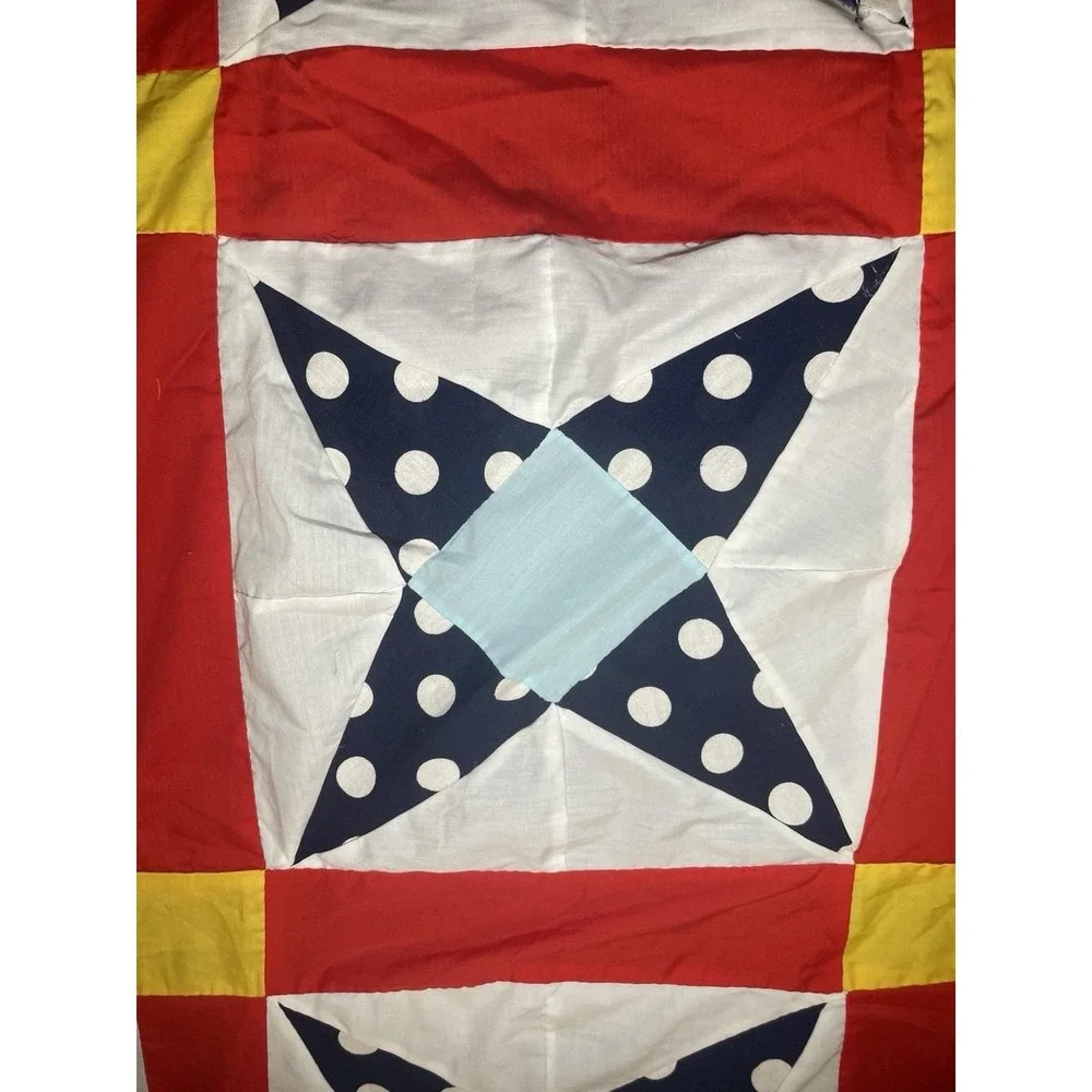 Classic Patriotic Americana Quilt Top 64x90 Modern Farmhouse Boho Red Blue Vivid